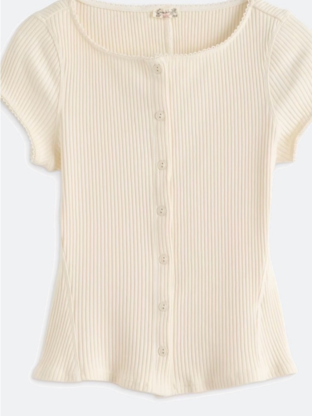 Ribbed Button-Front Short Sleeve Top - Cream